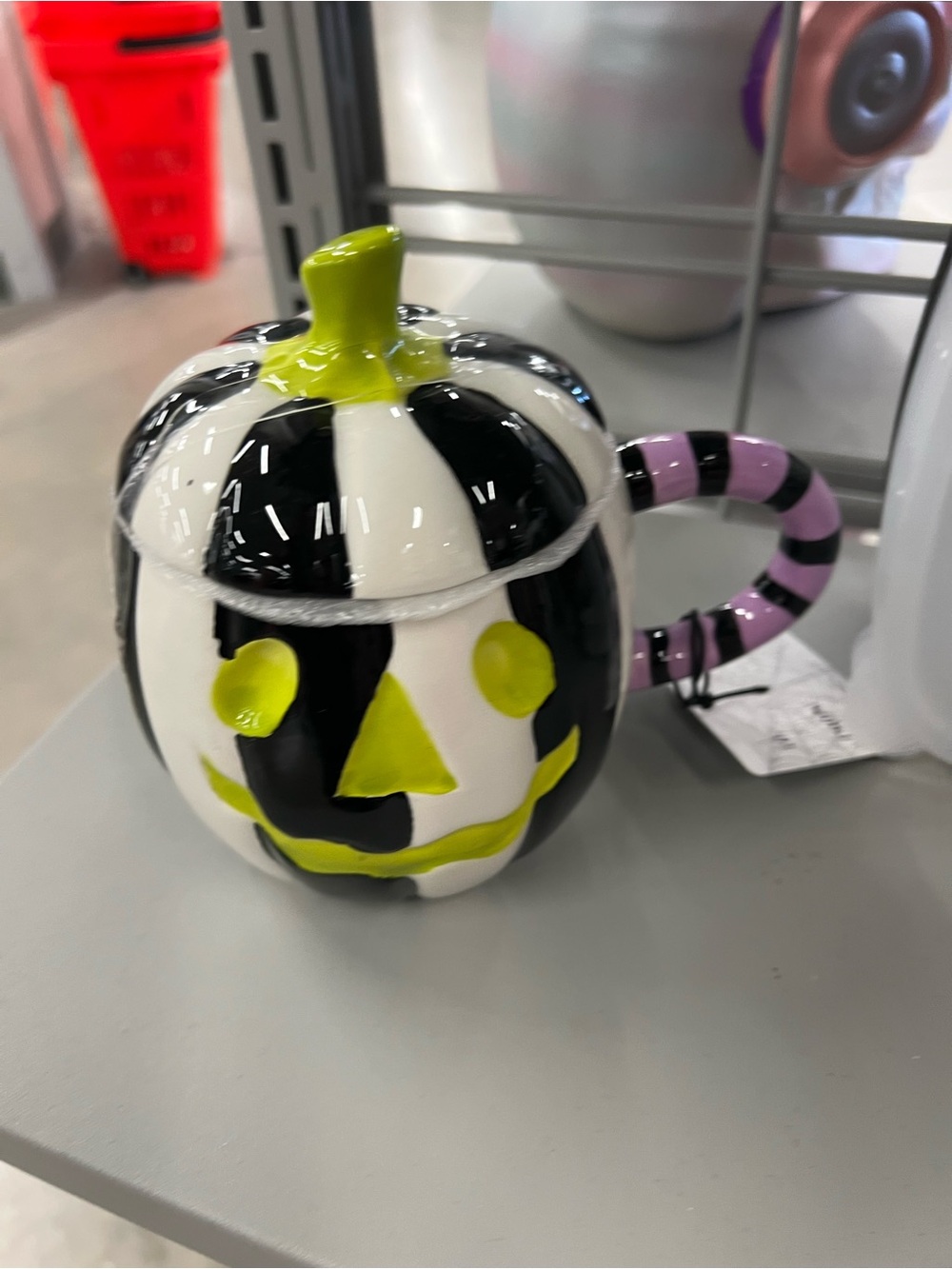 Beetlejuice Striped Pumpkin Mug with Lid - Black, White, purple & Lime
